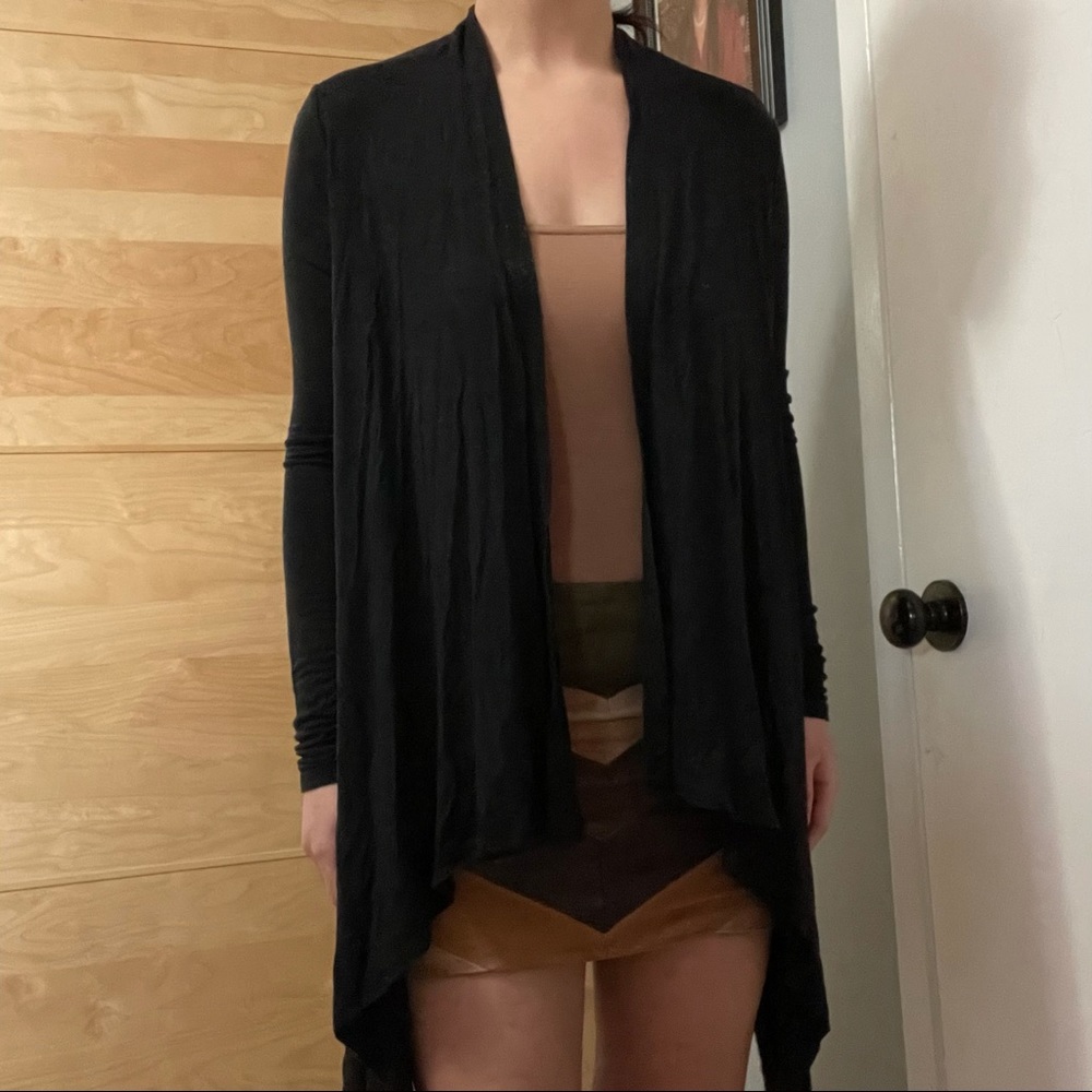 Bebe black open front asymmetric drape waterfall cardigan shawl